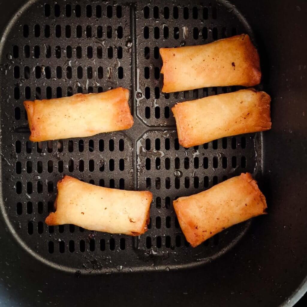 Air fryer frozen spring rolls, after frying.