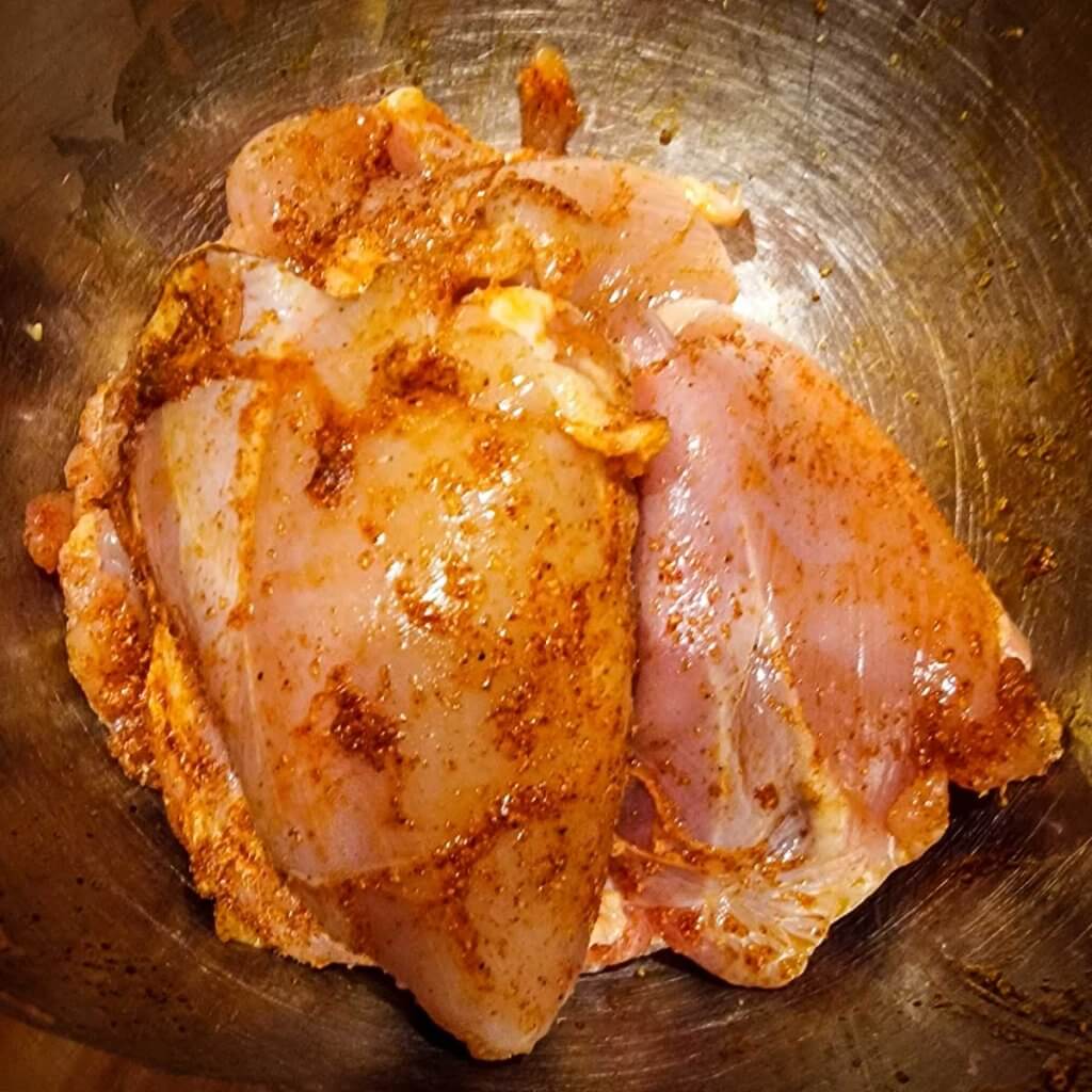 Marinated boneless chicken thighs.